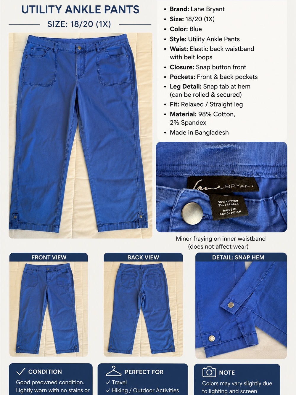 Lane Bryant Cobalt Blue Utility Ankle Pants
